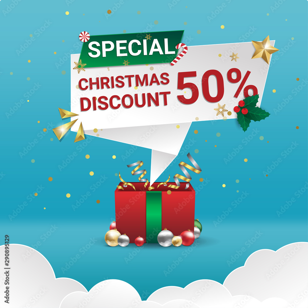 Special christmas discount realistic box on blue background