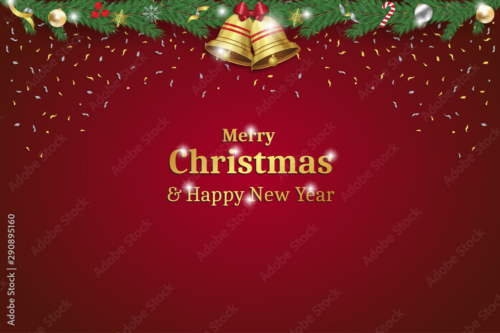Merry christmas and happy new year with wreath on red background