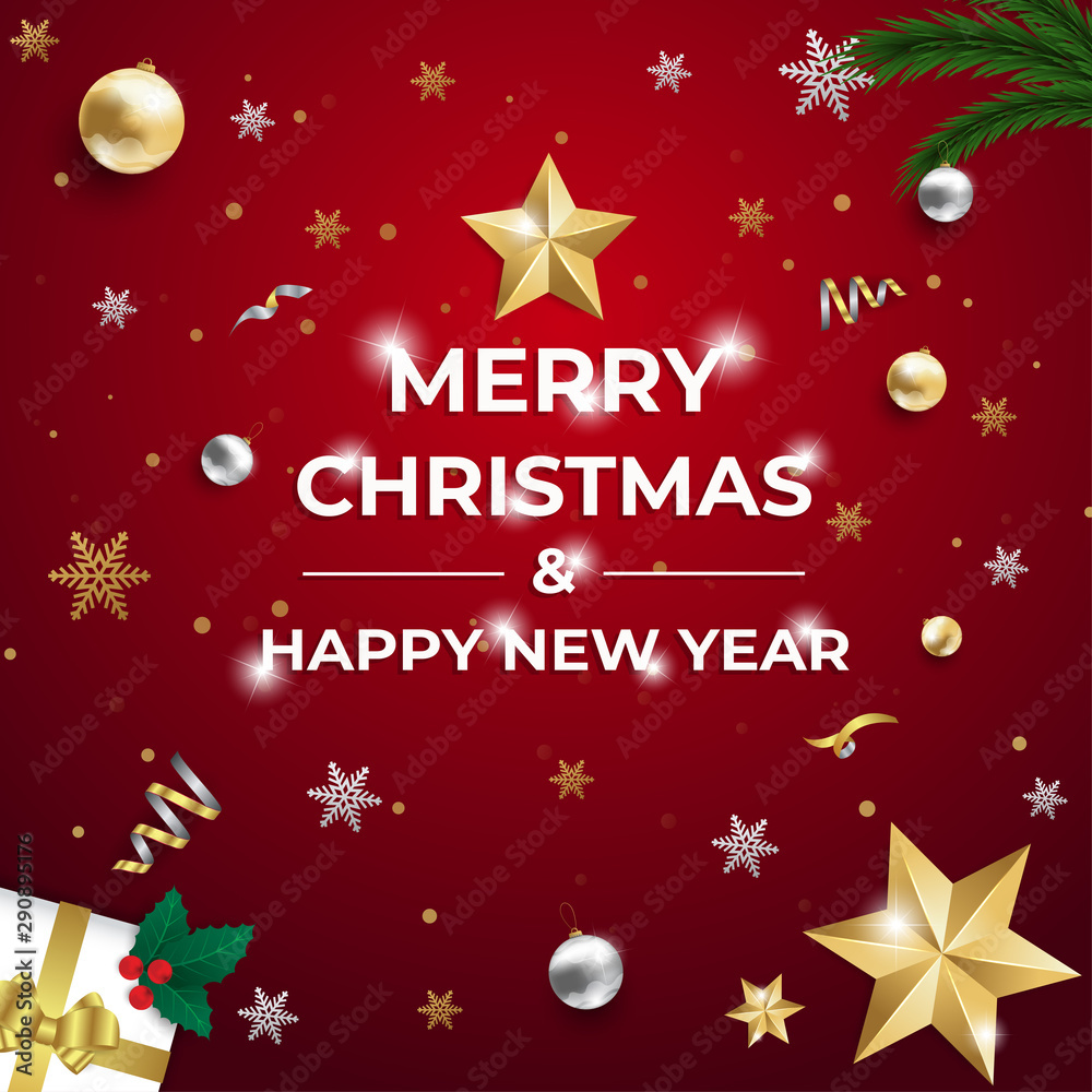 Merry christmas and happy new year on red background