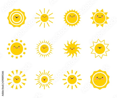 Happy funny smiley sun. Cute sunshine kids face. Summer cartoon smile sunny character. Happy yellow sticker