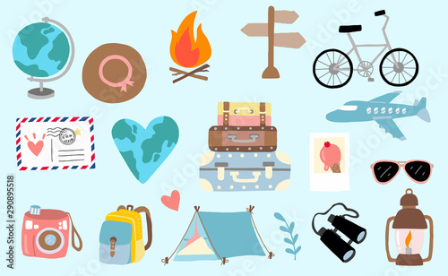 Cute travel collection with luggage, plane, world, sunglasses, camera,airmail illustration for icon,logo,sticker,printable