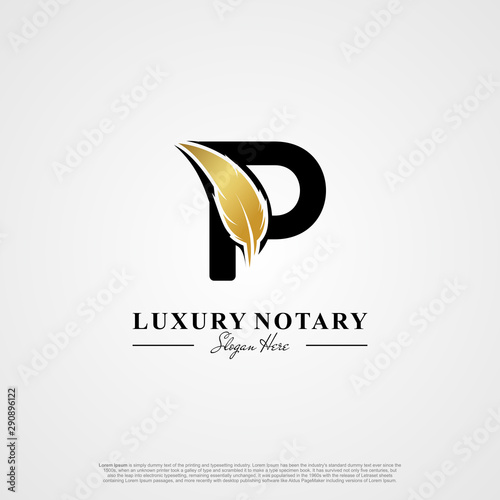 Letter P Initial logo with Feather Luxury gold.