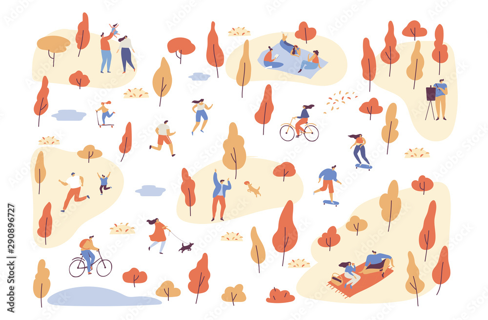 Autumn landscape. Various people at autumn park background. Leisure outdoor activities - walking dog, playing with ball, jogging, reading, picnic. Cartoon style flat vector illustration.