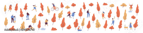 Various people at autumn park horizontal banner. Leisure outdoor activities. Cartoon flat vector illustration.
