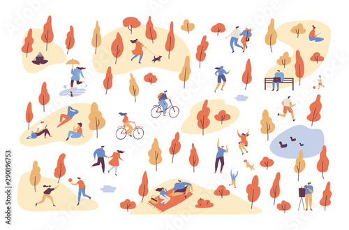 Autumn landscape. Various people at autumn park background. Leisure outdoor activities - walking dog, playing with ball, jogging, reading, picnic. Cartoon style flat vector illustration.