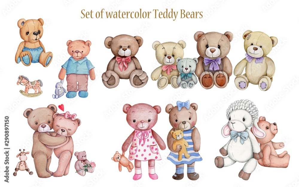 Collection of teddy bears. Watercolor set. Cute cartoon toy animals. 