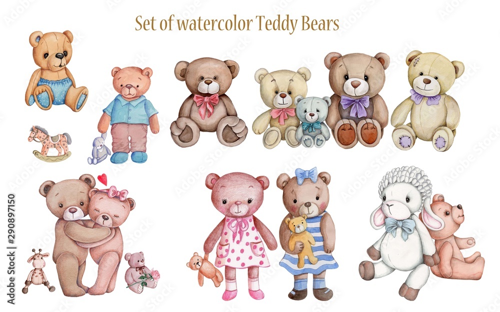 Fototapeta premium Collection of teddy bears. Watercolor set. Cute cartoon toy animals. 