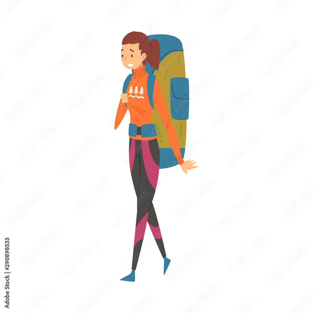 Female Tourist Walking with Backpack, Young Woman Going on Summer Vacation, Hiking, Adventures, Active Recreation Vector Illustration Female Tourist Walking with Backpack, Young Woman Going on Summer Vacation, Hiking, Adventures, Active Recreation Vector Illustration