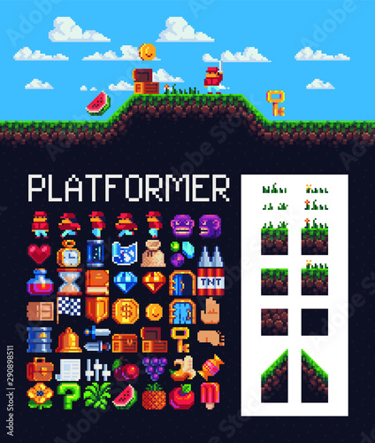 2d Platformer set for pixel art style game, isolated vector. 8 Bit  cartoon game background, mobile game assets. Adventure arcade quest gameplay scene with ground, grass, sky, clouds, character.