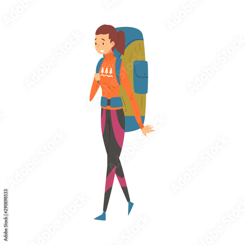 Female Tourist Walking with Backpack, Young Woman Going on Summer Vacation, Hiking, Adventures, Active Recreation Vector Illustration