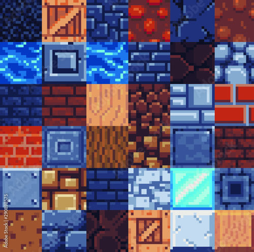 Textures tile seamless pattern mega set for pixel art style game, ground or stone, wood, glass and brick wall. Isolated vector illustration. 8-bit. Design for stickers, logo, mobile app.