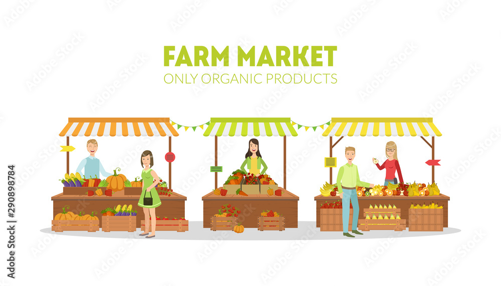 Obraz premium Farm Market, Farmers Selling Fresh Natural Organic Products on Stalls with Awnings on Organic Market Vector Illustration