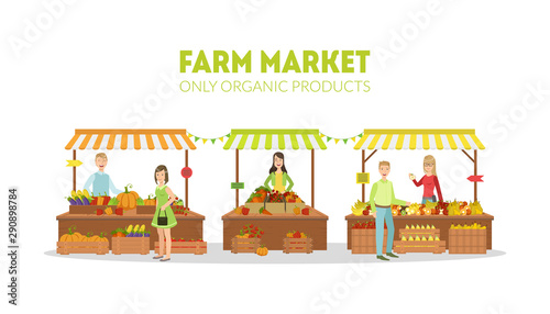 Farm Market, Farmers Selling Fresh Natural Organic Products on Stalls with Awnings on Organic Market Vector Illustration