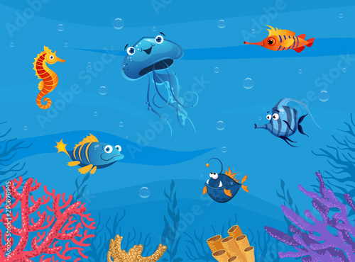Undersea World  Cute Marine Animals Background  Underwater Sea Scene with Tropical Fishes Vector Illustration