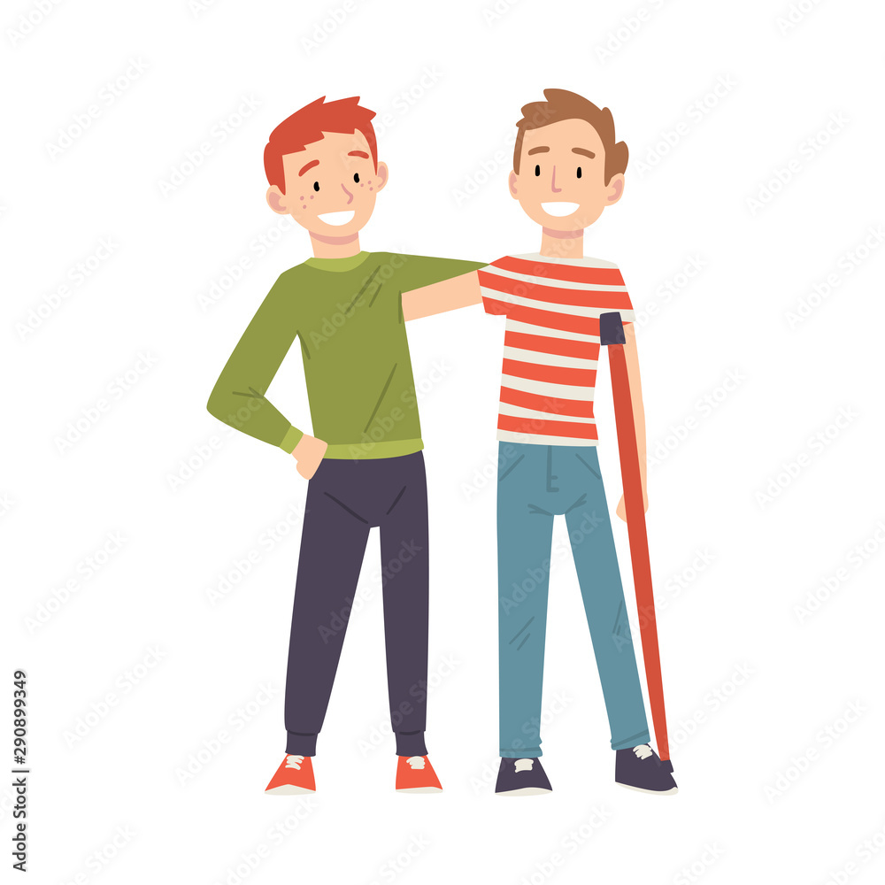 Man Supporting His Friend with Injured Leg, Friendship and Support, Disabled Person Enjoying Full Life Vector Illustration Man Supporting His Friend with Injured Leg, Friendship and Support, Disabled Person Enjoying Full Life Vector Illustration