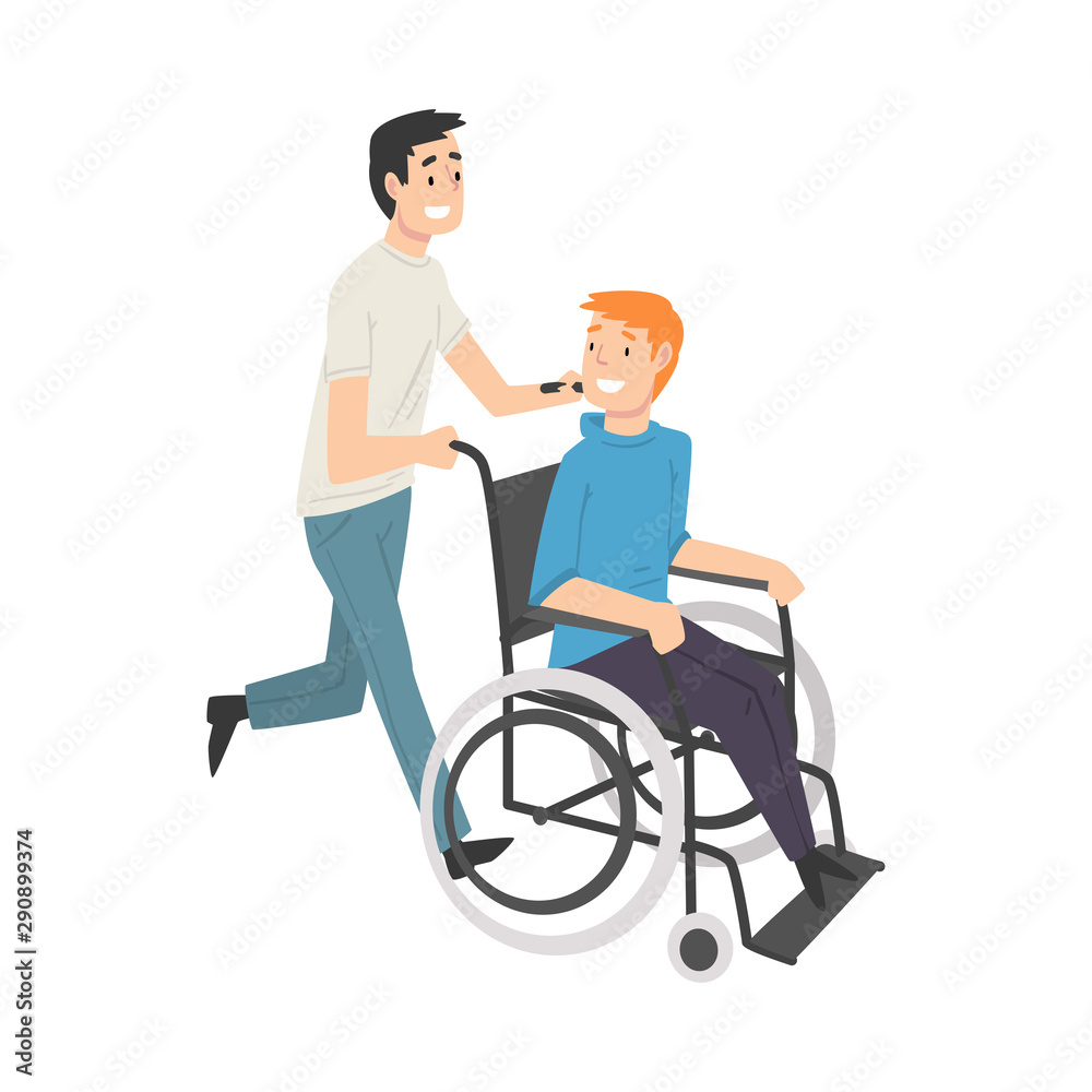 Young Man Pushing Wheelchair with Smiling Disabled Man, Guy Supporting his Friend, Friendship and Support, Handicapped Person Enjoying Full Life Vector Illustration Young Man Pushing Wheelchair with Smiling Disabled Man, Guy Supporting his Friend, Friendship and Support, Handicapped Person Enjoying Full Life Vector Illustration