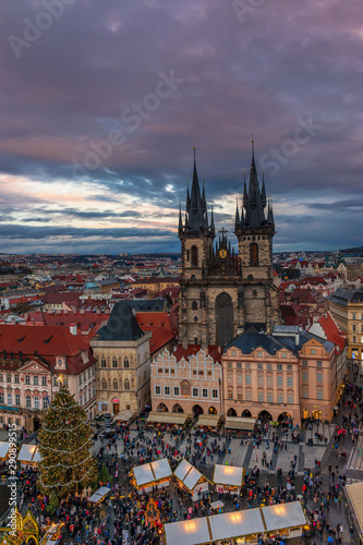 Aerial view on the center of Prague at sunset