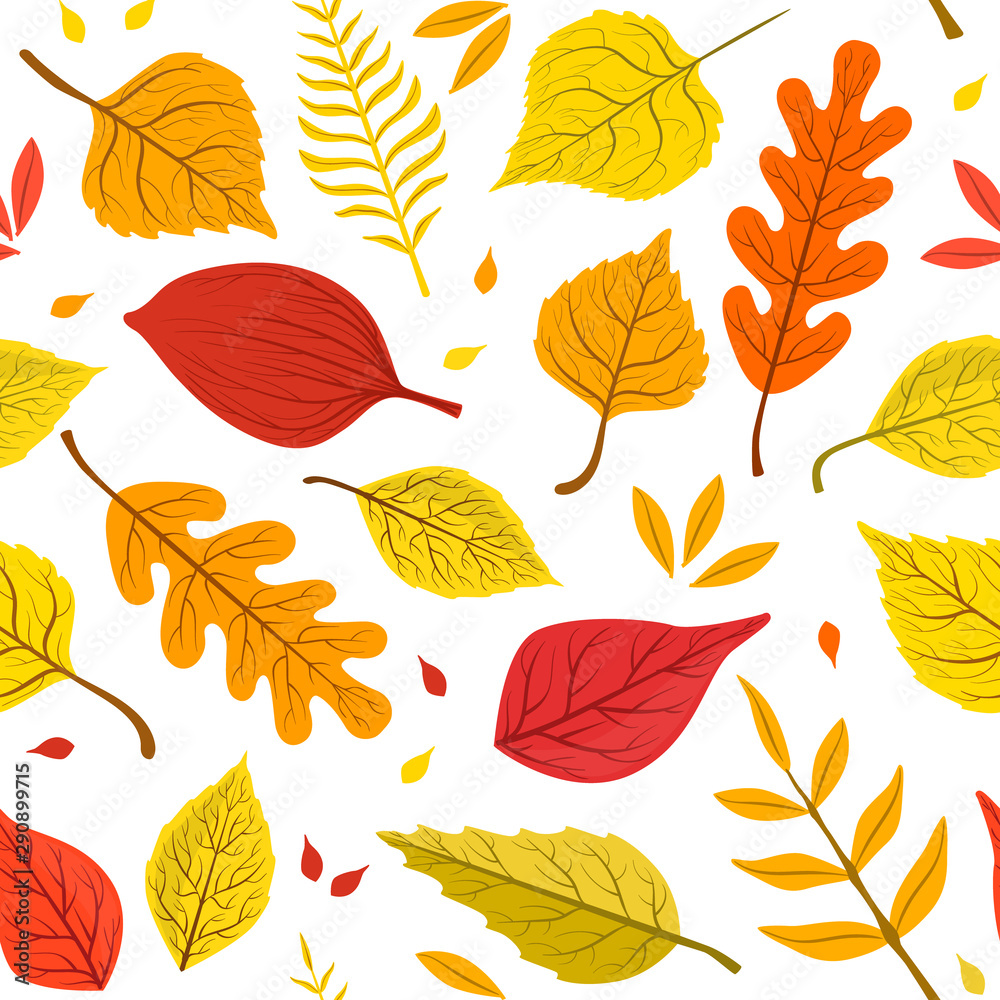 Obraz premium Autumn Leaves of Various Forest Trees Natural Seamless Pattern, Element Can Be Used for Fabric Print, Wallpaper, Packaging, Vector Illustration
