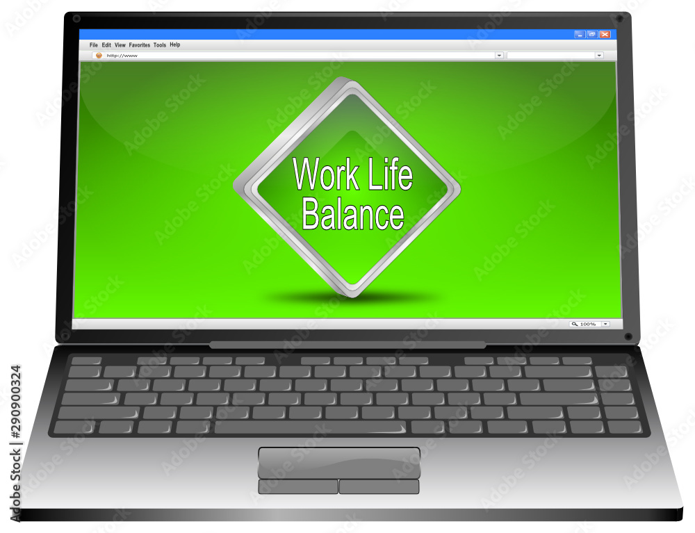 Laptop computer with Work Life Balance button - 3D illustration Laptop computer with Work Life Balance button - 3D illustration