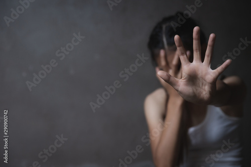 woman raised her hand for dissuade, campaign stop violence against women. copy space, Wound domestic violence rape, concept photo of sexual assault, International Women's Day, black and white color