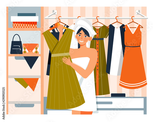 Young woman in a walk-in wardrobe selecting clothes to wear for the day holding up a dress on a hanger in a Daily Life concept , vector cartoon illustration