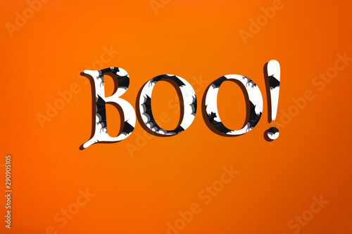Creative minimalistic halloween text on orange background. White letters with bats and shadows.