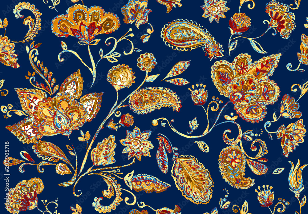 Hand drawn watercolor whimsical flower seamless pattern (tiling). Colorful seamless pattern with flowers, paisley, leaves. Beige dark blue background. Perfect for textile, cover design, print, border. Hand drawn watercolor whimsical flower seamless pattern (tiling). Colorful seamless pattern with flowers, paisley, leaves. Beige dark blue background. Perfect for textile, cover design, print, border.