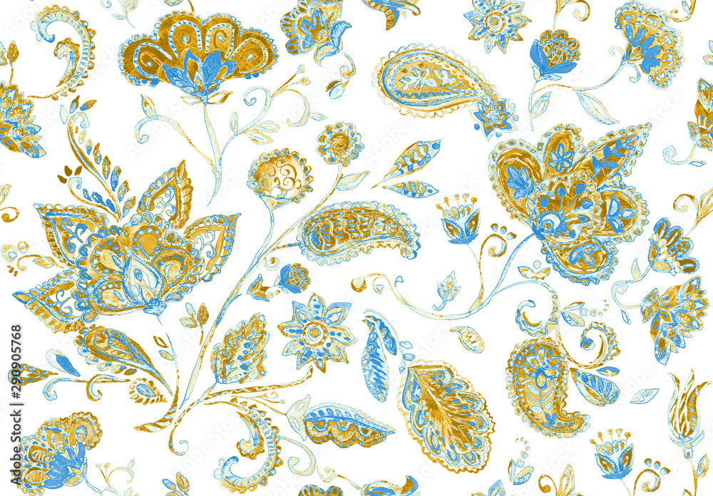 Naklejka premium Paisley watercolor floral pattern tile: flowers, flores, tulips, leaves. Oriental indian traditional hand painted water color whimsical seamless print, ceramic design. Abstract india batik background
