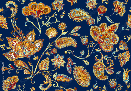 Hand drawn watercolor whimsical flower seamless pattern (tiling). Colorful seamless pattern with flowers, paisley, leaves. Beige dark blue background. Perfect for textile, cover design, print, border.