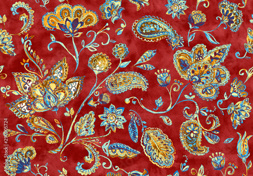 Paisley watercolor floral pattern tile:  flowers, flores, tulips, leaves. Oriental indian traditional hand painted water color whimsical seamless print, ceramic design. Abstract india batik background