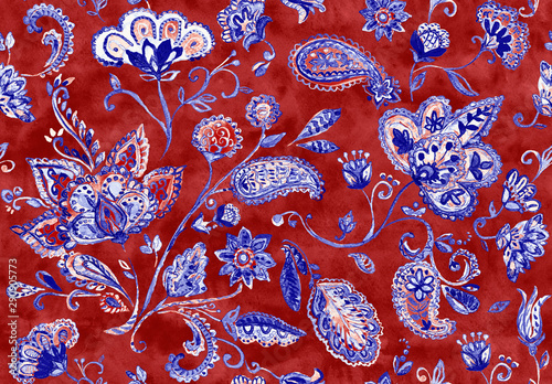 Paisley watercolor floral pattern tile:  flowers, flores, tulips, leaves. Oriental indian traditional hand painted water color whimsical seamless print, ceramic design. Abstract india batik background