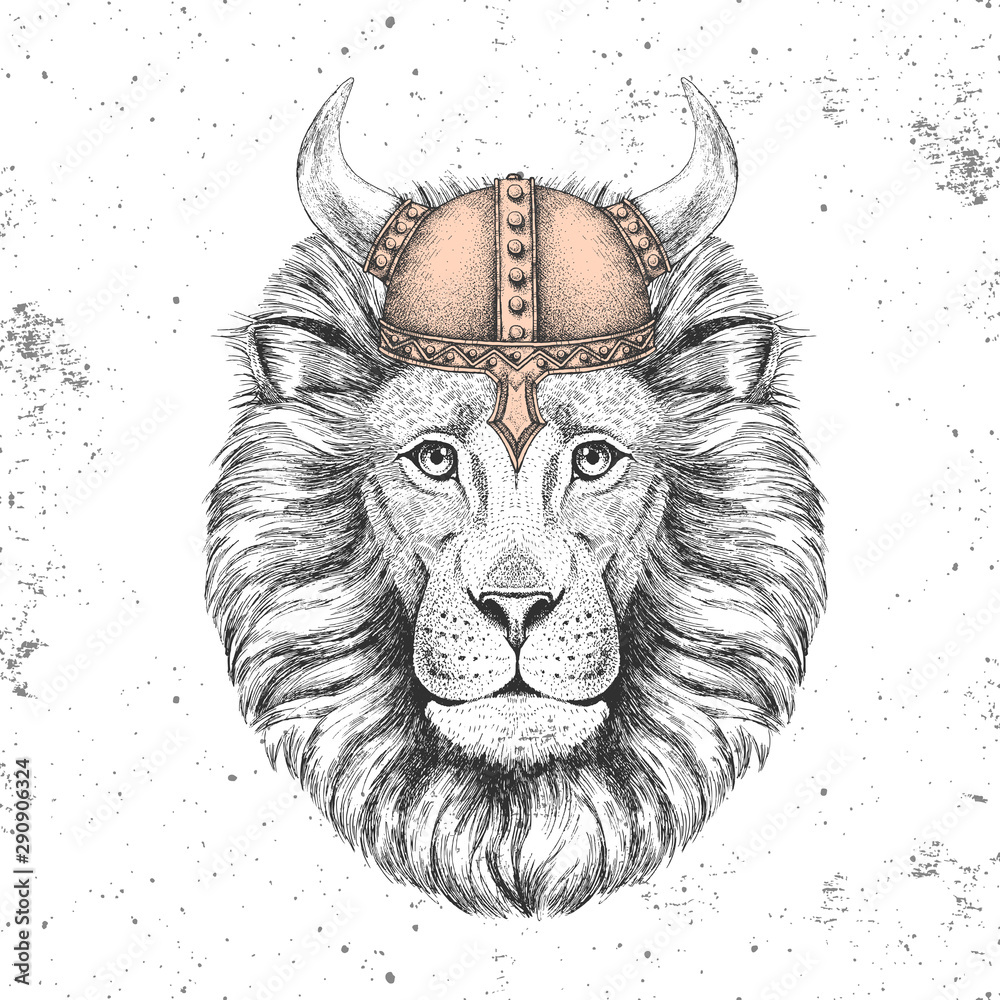 Hipster animal lion wearing a viking helmet. Hand drawing Muzzle of lion