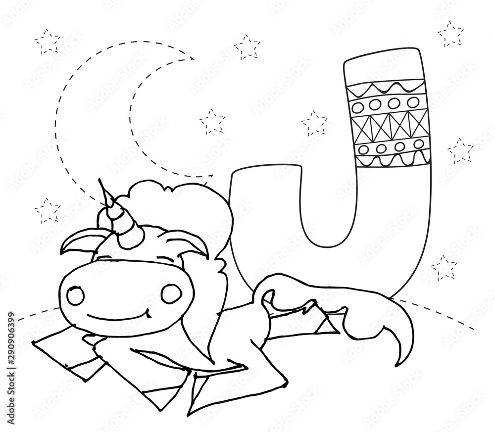 Letter J and funny cartoon unicorn. Animals alphabet a-z ...