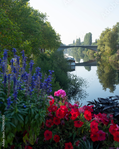 bridge and river behind flowers in german town of rheine