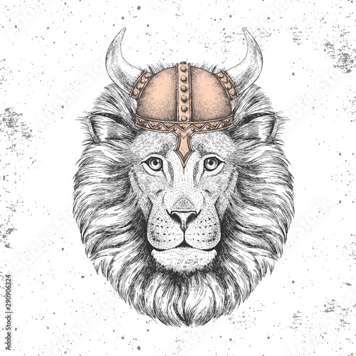 Fototapeta Naklejka Na Ścianę i Meble -  Hipster animal lion wearing a viking helmet. Hand drawing Muzzle of lion