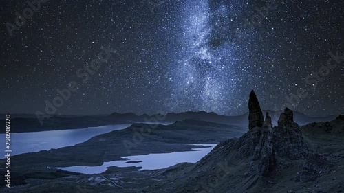 Milky way over Old Man of Storr at night, Scotland,UK photo