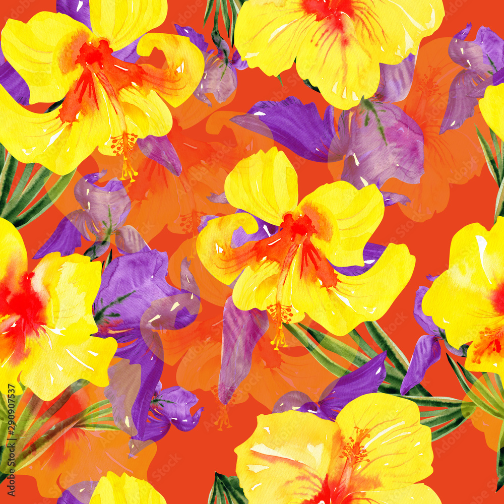 Floral tropical seamless pattern on a bright orange background, watercolor print of yellow Hawaiian hibiscus and flowers with purple petals. large buds of contrasting colors.