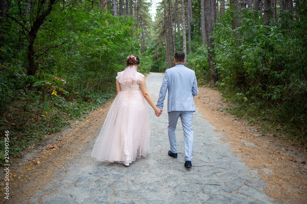 bride and groom walking in park bride and groom walking in park