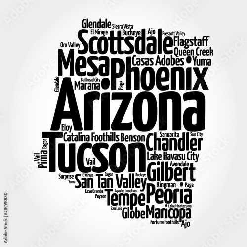 List of cities in Arizona USA state, map silhouette word cloud map concept