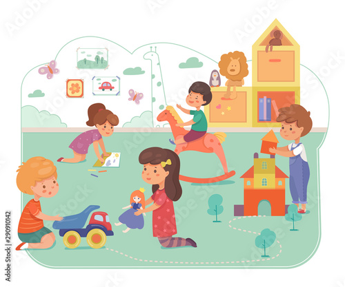 Kids in daycare center flat vector illustration