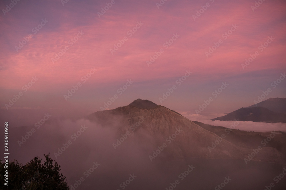 Landscape view from the ridge of Ijen Volcano on Java, Indonesia at sunrise