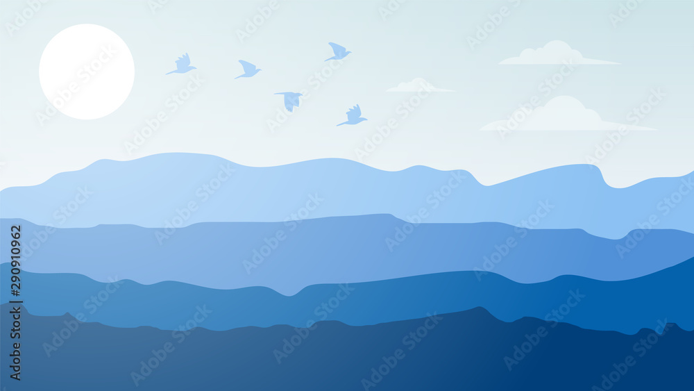 Beautiful mountain chain landscape with birds Vector