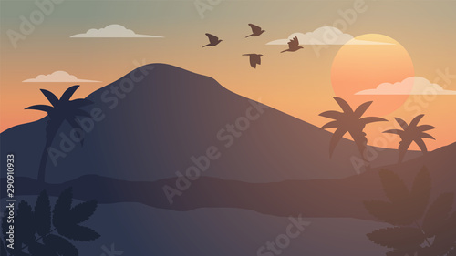 Beautiful Beach landscape at sundown with birds Vector