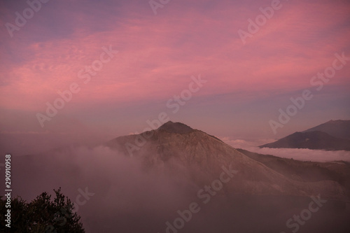 Landscape view from the ridge of Ijen Volcano on Java  Indonesia at sunrise