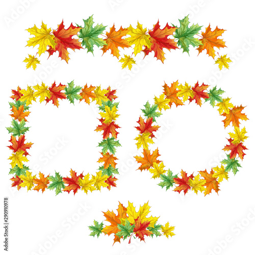 Decorative frames, border and rosette of fallen maple leaves. Colorful elements for autumn design. Vector set.