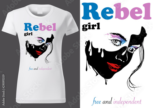 Women White T-shirt Design with Abstract Face Drawing and Text REBEL GIRL - Black Face Sketch with Flowing Drops, Vector Graphic