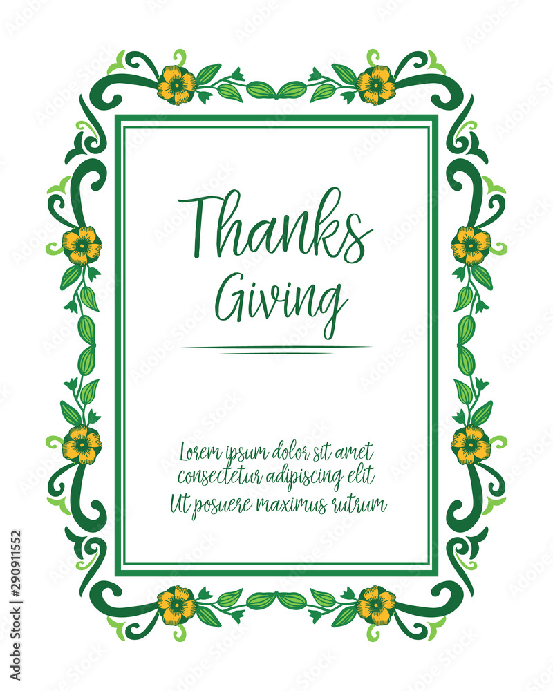 Handwritten text of thanksgiving, with bright cute green leafy flower frame. Vector