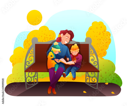 Mother with children in park flat illustration