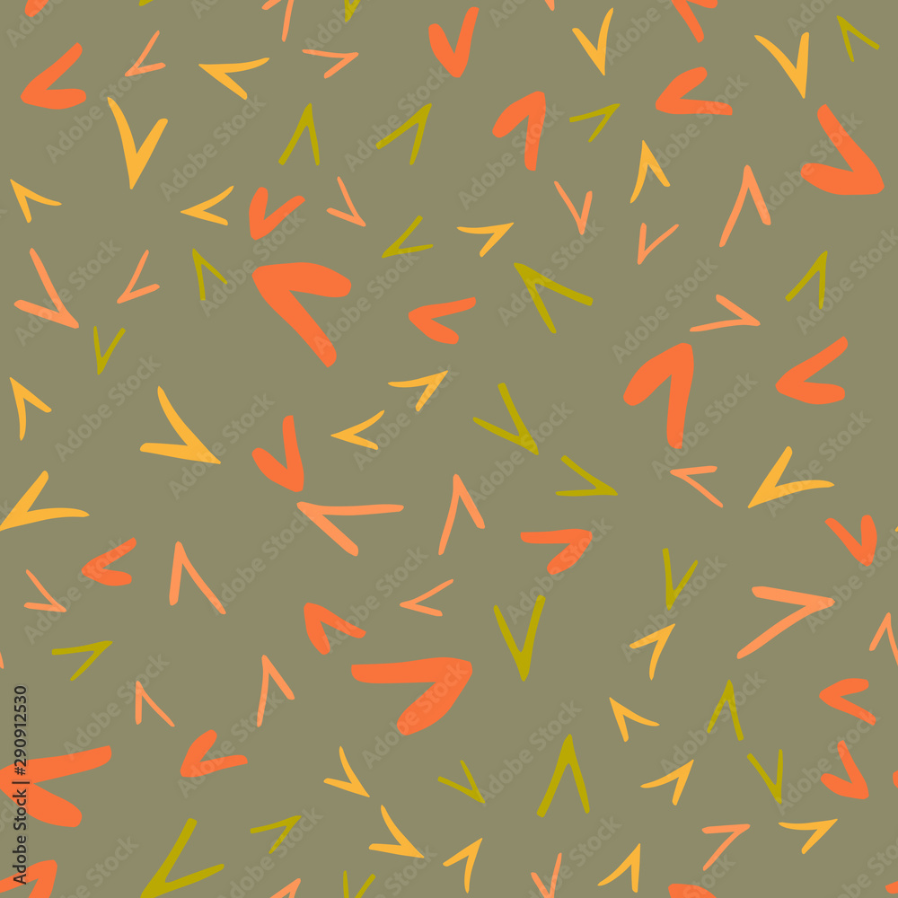 Seamless pattern with sharp corner abstract form in autumn colors.Hand drawn triangle objects in chaotic composition.Orange, yellow,green.Vector illustration for textille print, fabric, wrapping paper