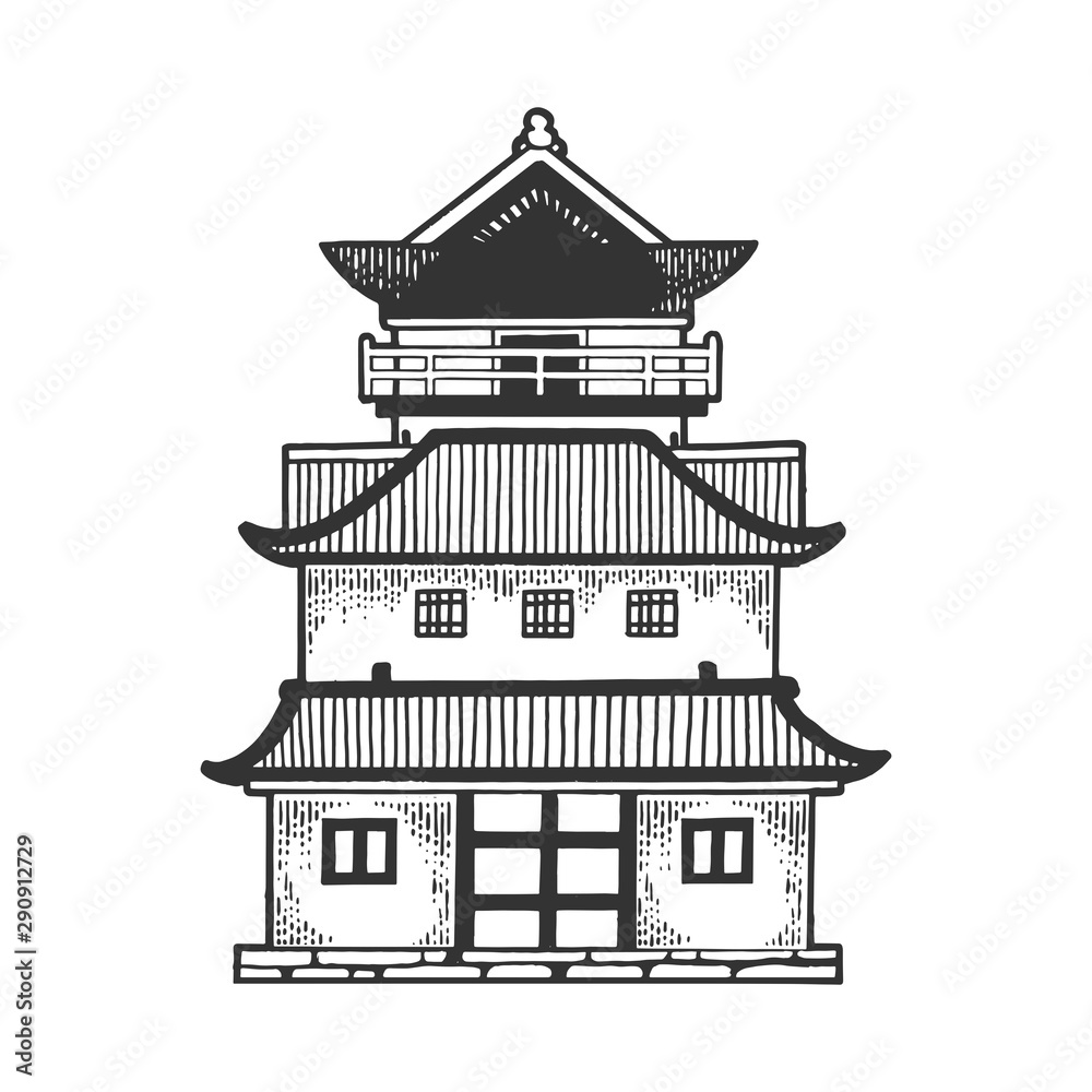 Japanese temple Pagoda house sketch engraving vector illustration. Tee shirt apparel print design. Scratch board style imitation. Black and white hand drawn image.